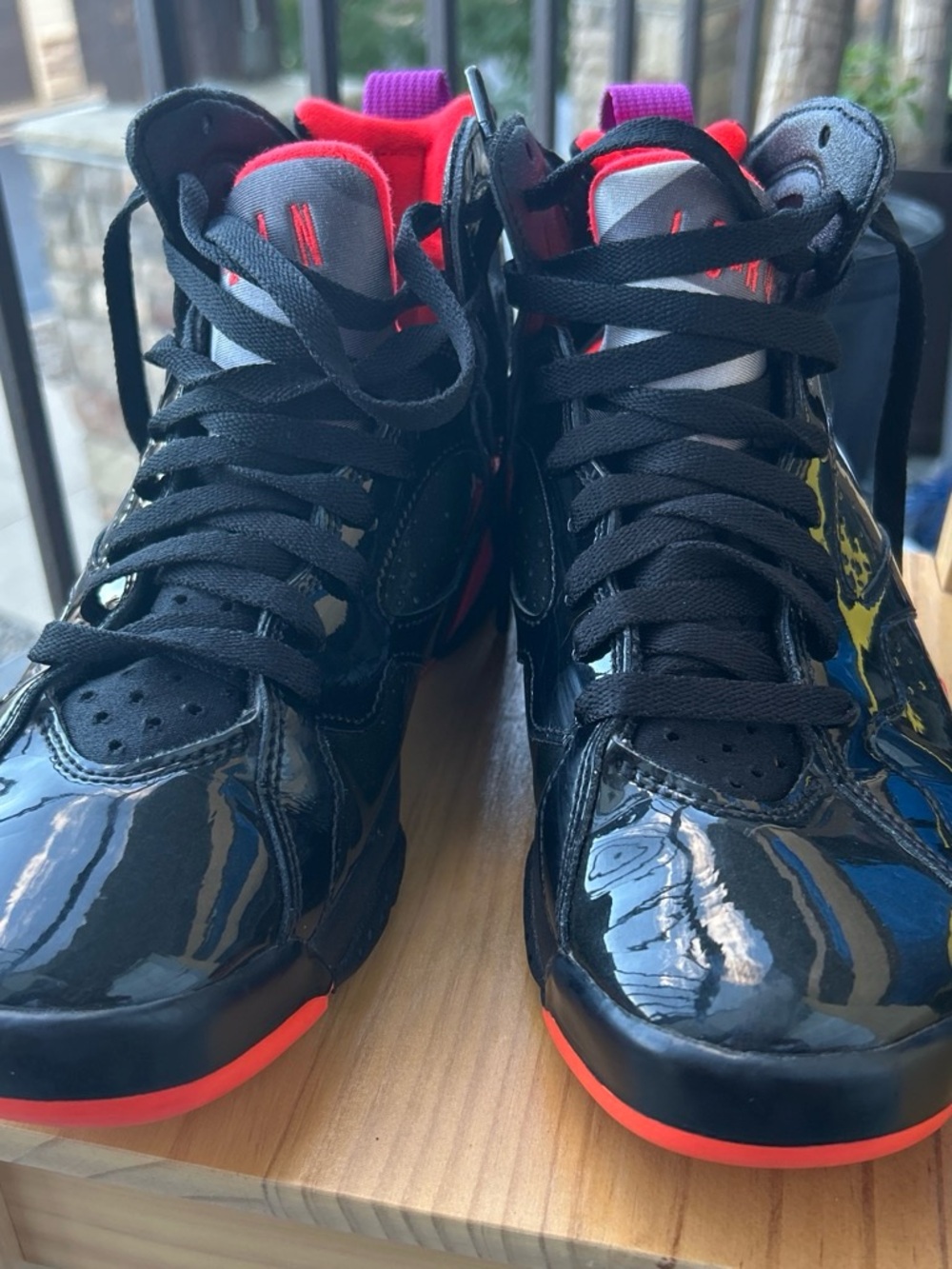 Jordan Black Patent High-Top Sneakers with Red and Purple Accents